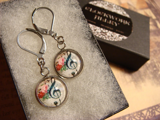 Floral Treble Clef Image Stainless Steel Dangle Earrings