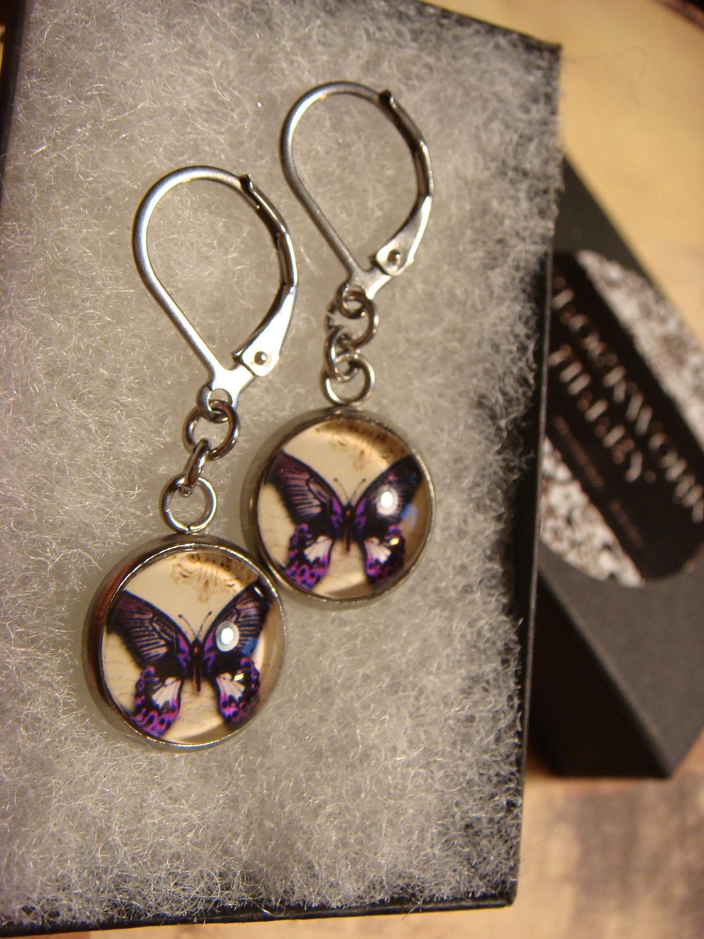 Purple Butterfly Image Stainless Steel Dangle Earrings