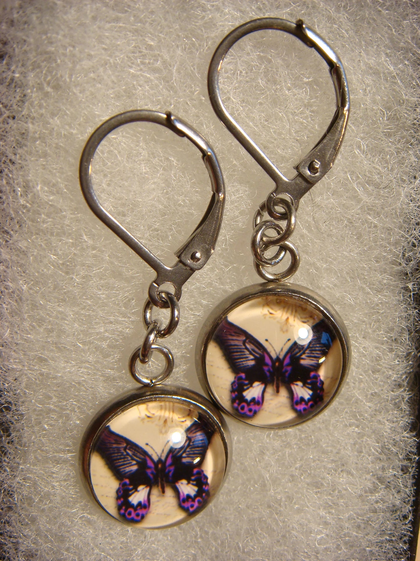 Purple Butterfly Image Stainless Steel Dangle Earrings