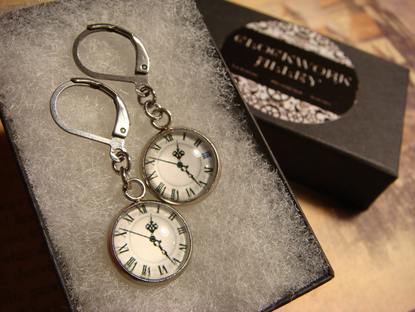 Clock Image Stainless Steel Dangle Earrings