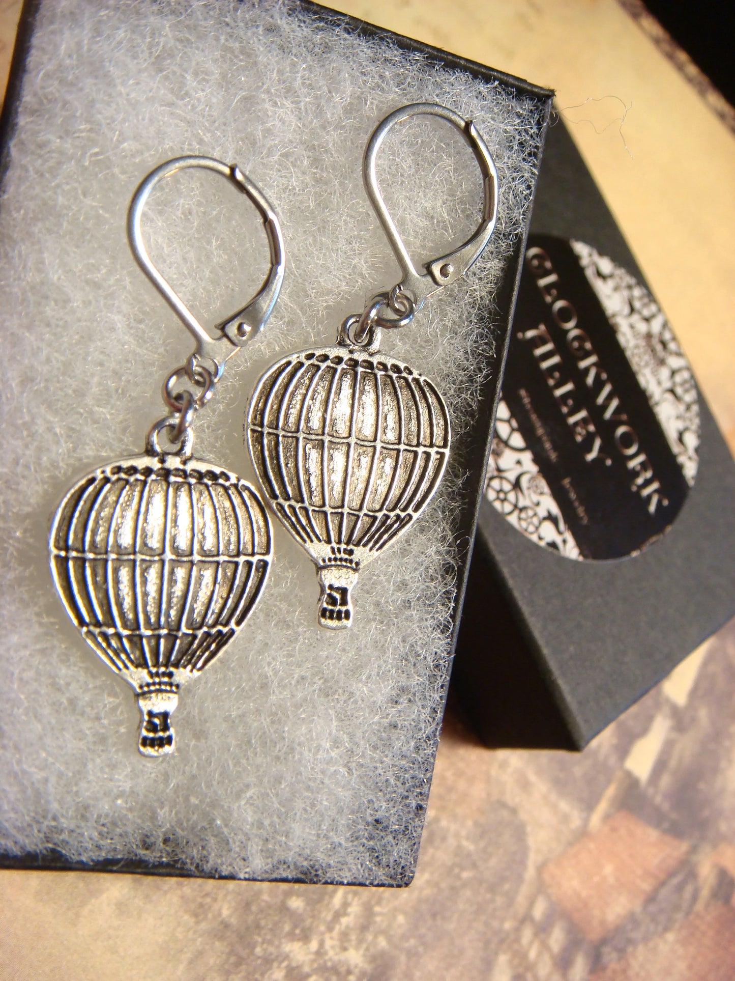 Hot Air Balloon Dangle Earrings in Antique Silver