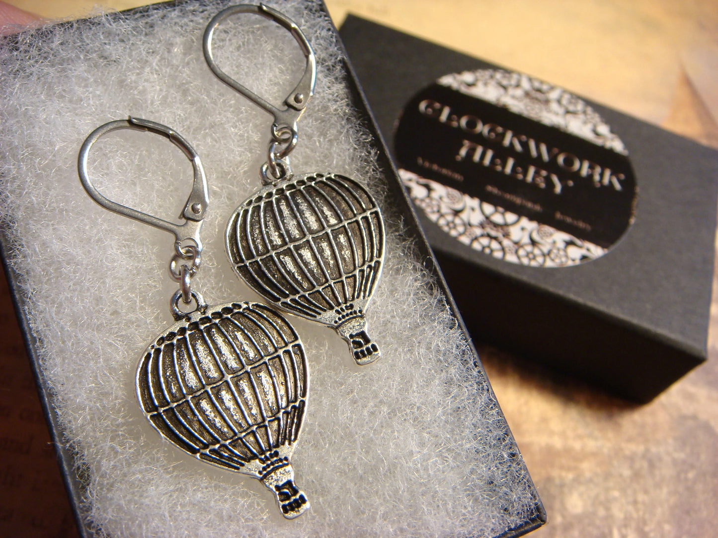 Hot Air Balloon Dangle Earrings in Antique Silver