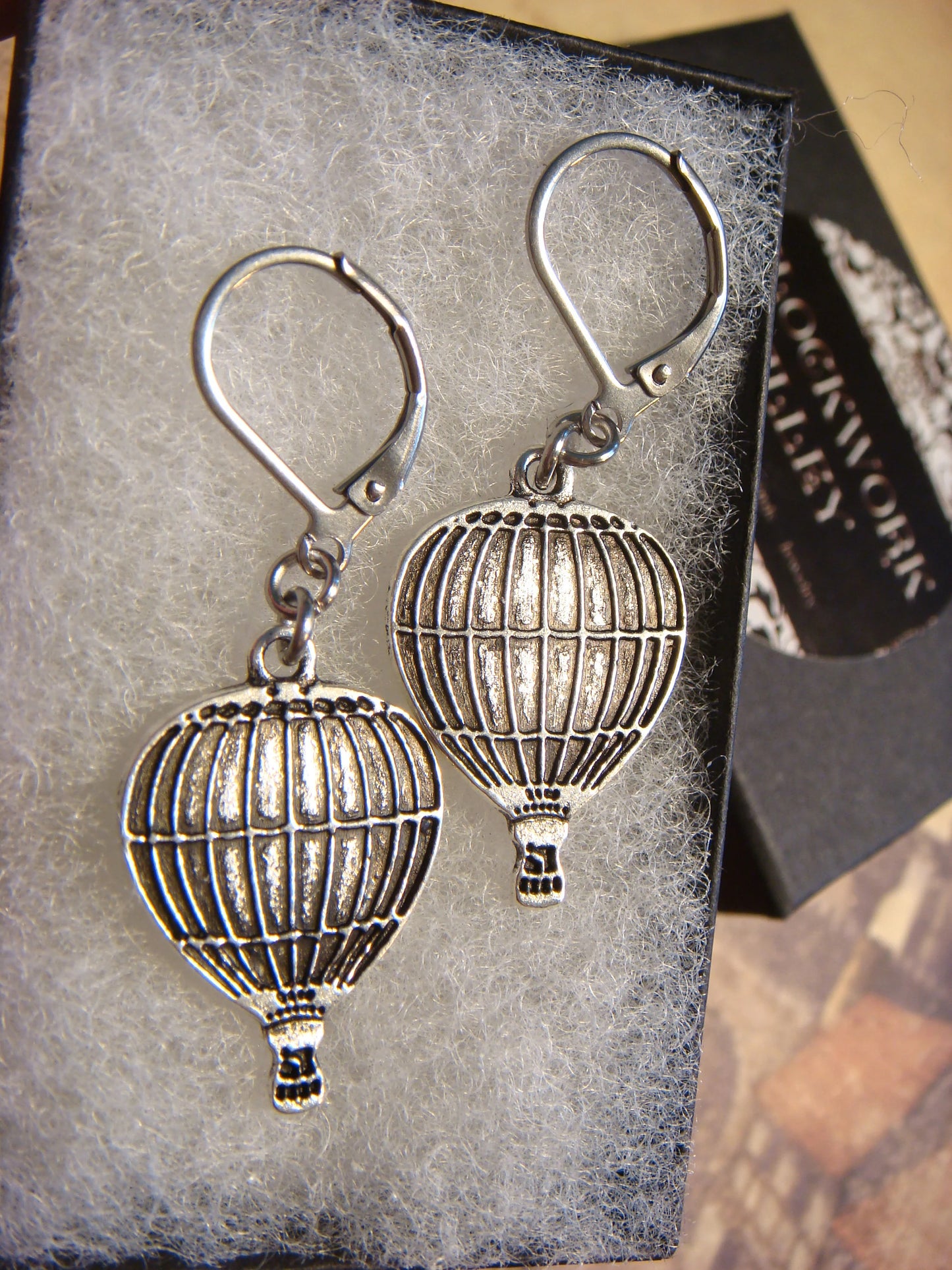 Hot Air Balloon Dangle Earrings in Antique Silver