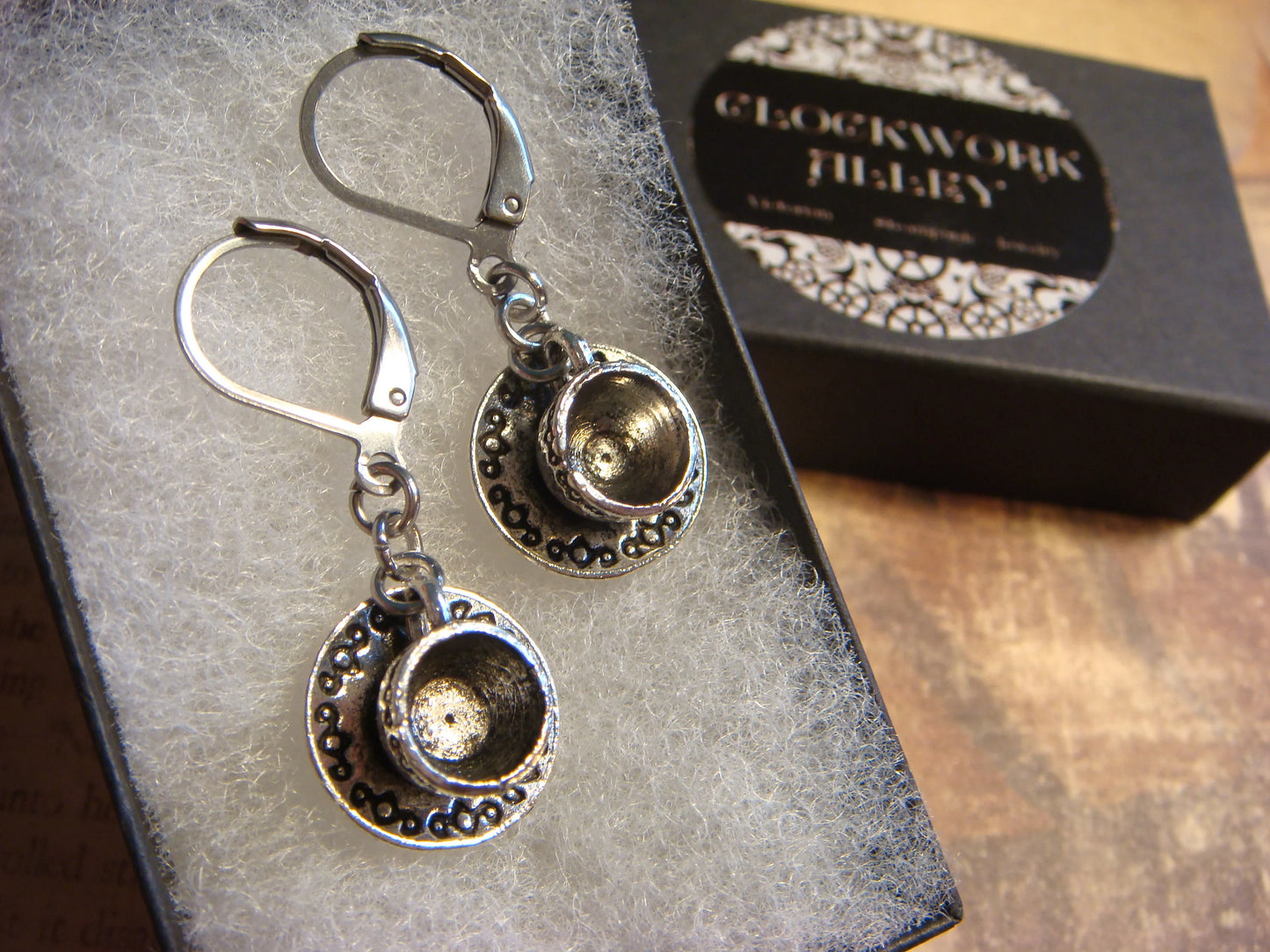 Tea Cup Dangle Earrings in Antique Silver