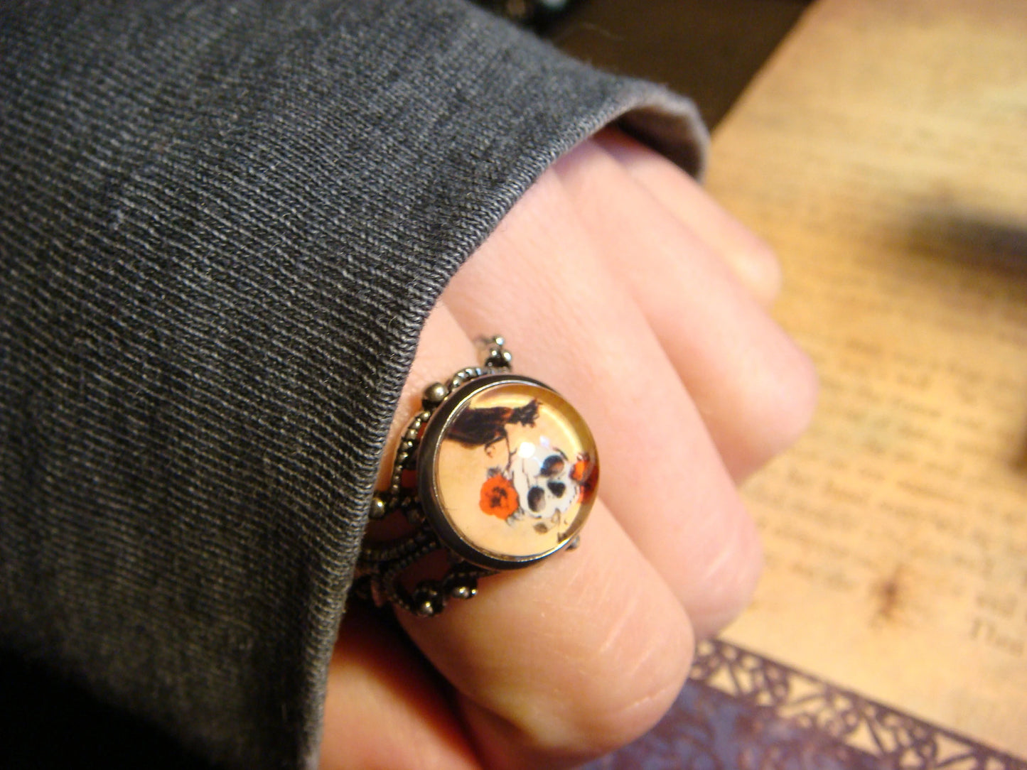 Skull with Crow Image Filigree Ring in Antique Silver - Adjustable