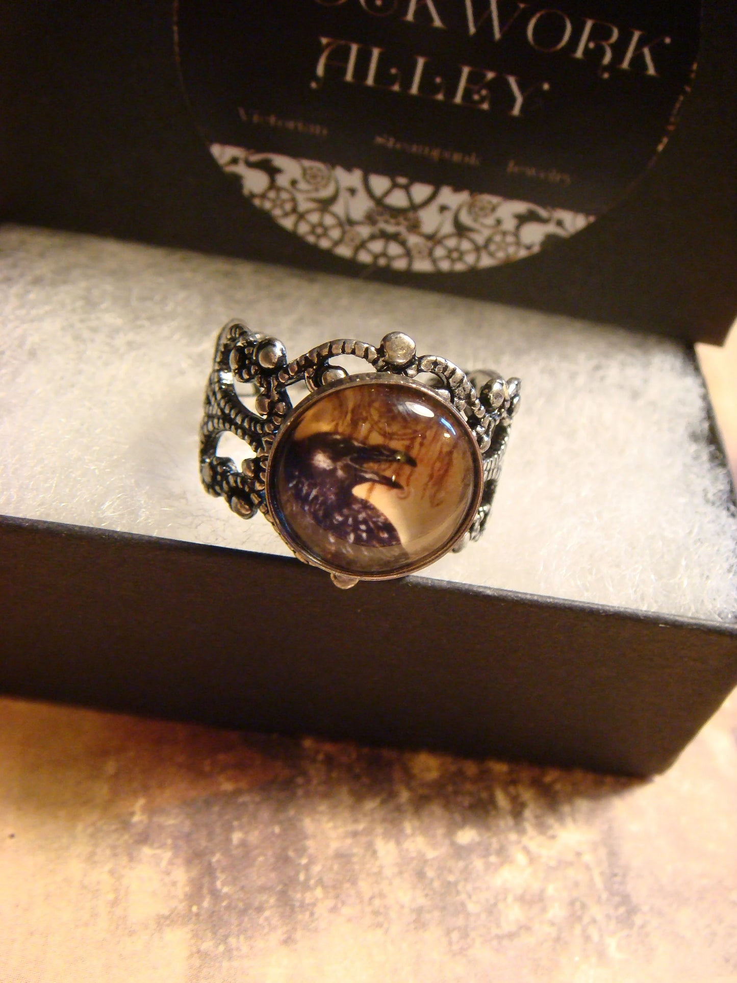 Raven Image Filigree Ring in Antique Silver - Adjustable