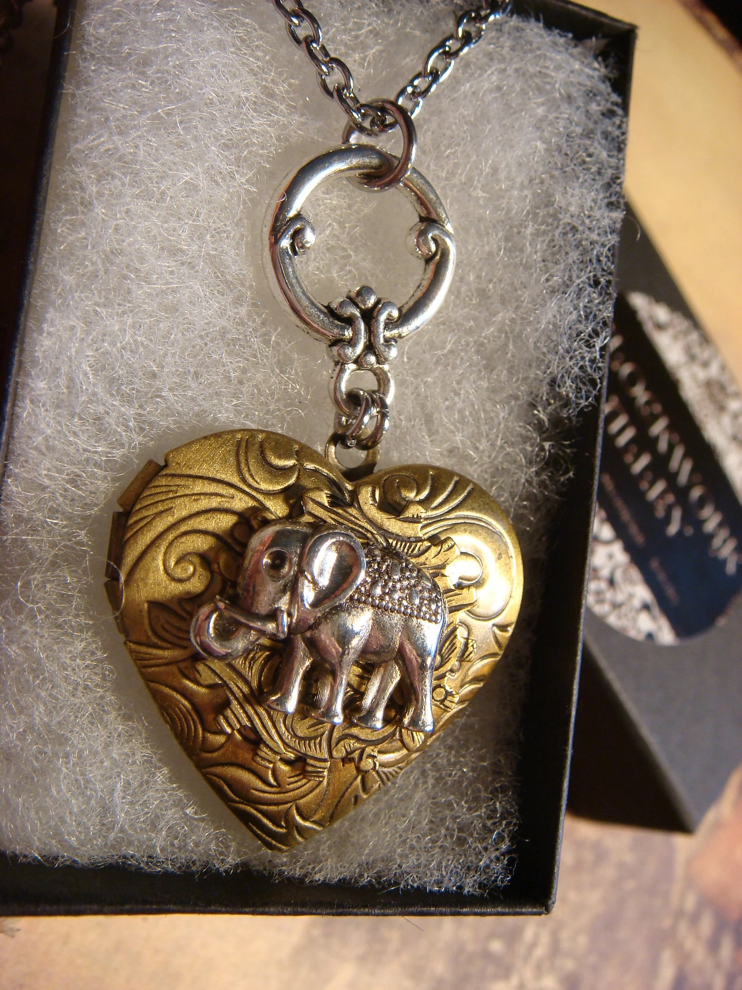 Elephant Heart Locket Necklace in Antique Silver and Bronze