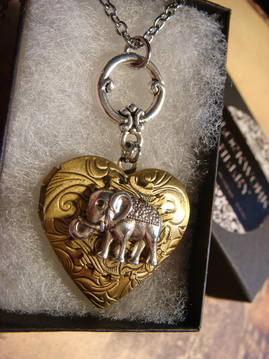 Elephant Heart Locket Necklace in Antique Silver and Bronze