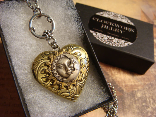 Sun and Moon Face Heart Locket Necklace in Antique Silver and Bronze (4303)