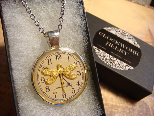 Dragonfly over Clock Pendant Necklace