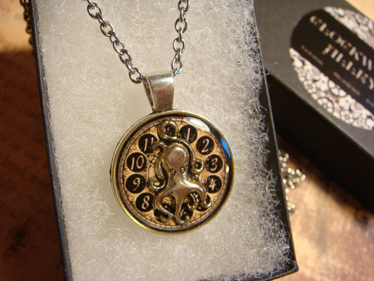 Octopus over Clock Small Pendant Necklace