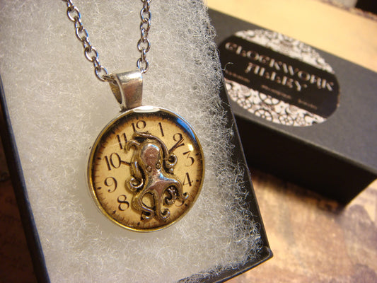 Octopus over Clock Small Pendant Necklace
