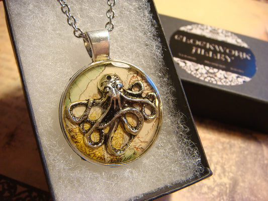 Octopus over Map Pendant Necklace