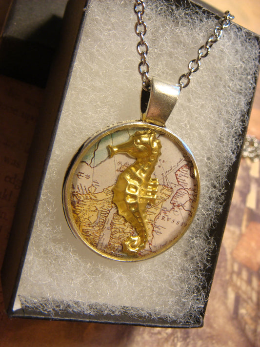 Seahorse over Map Pendant Necklace