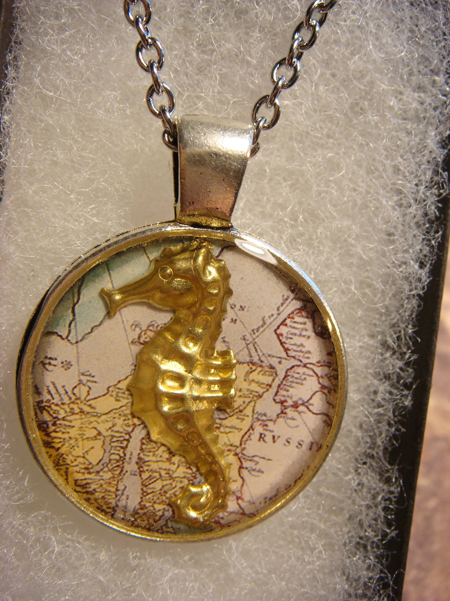 Seahorse over Map Pendant Necklace