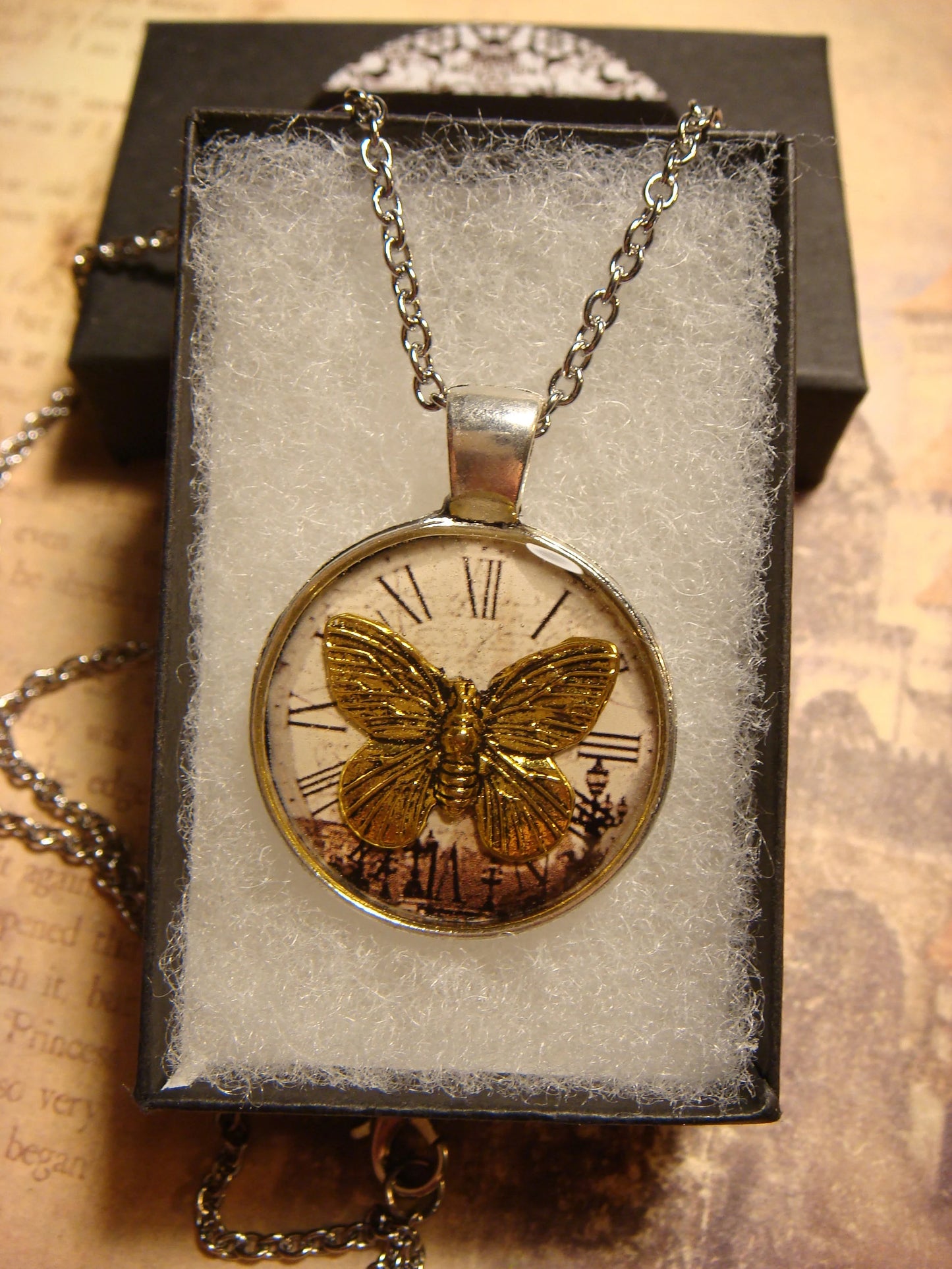 Butterfly over Victorian Clock Pendant Necklace