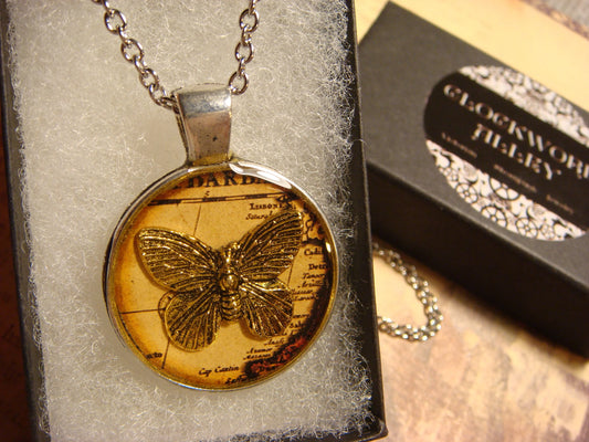 Butterfly over Map Pendant Necklace