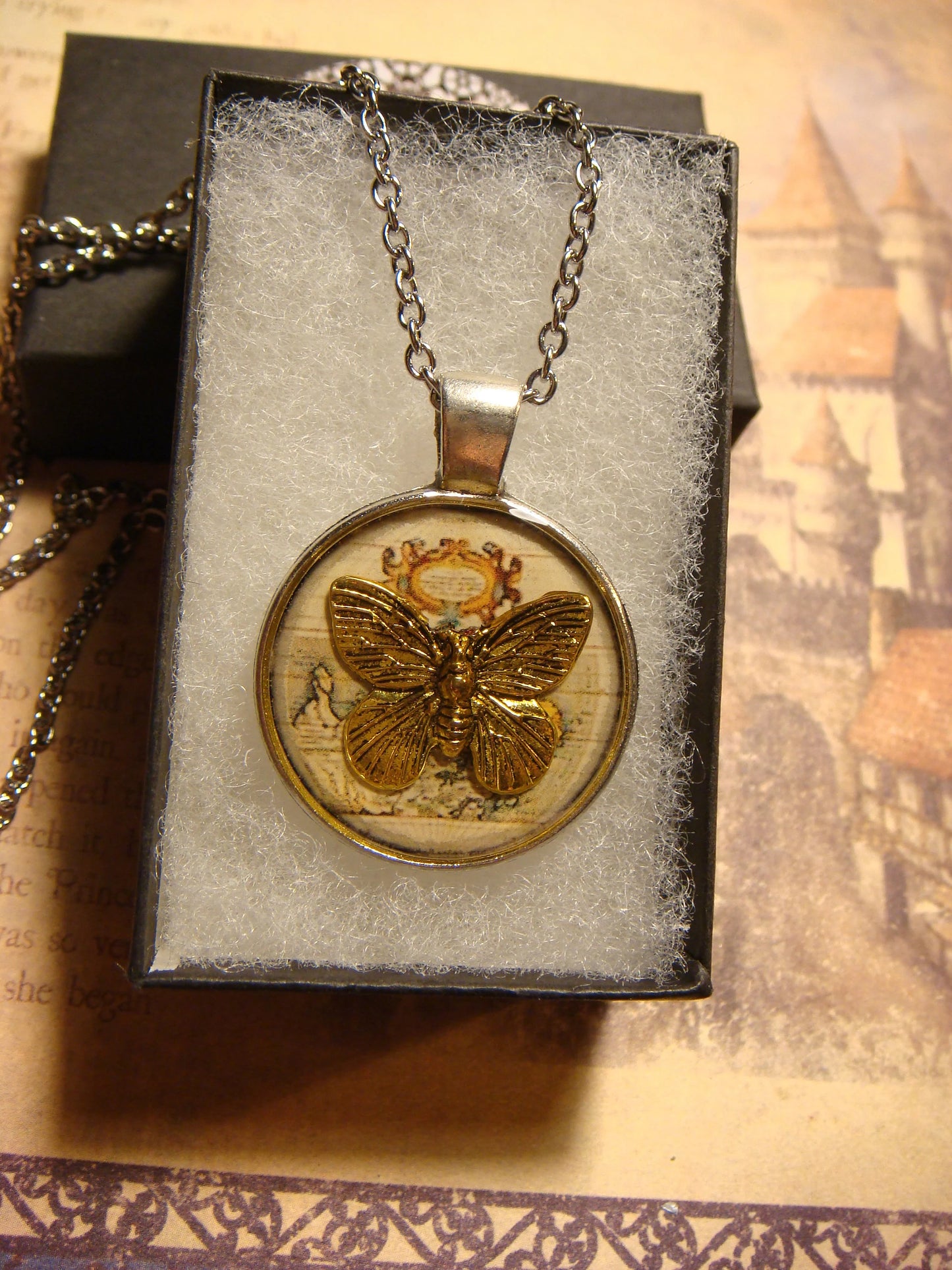 Butterfly over Map Pendant Necklace