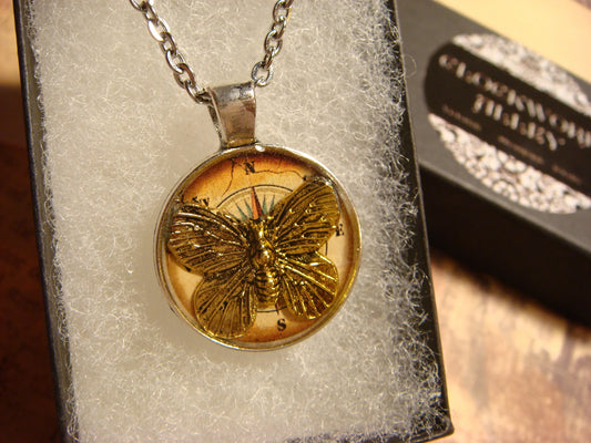 Butterfly over Compass Small Pendant Necklace