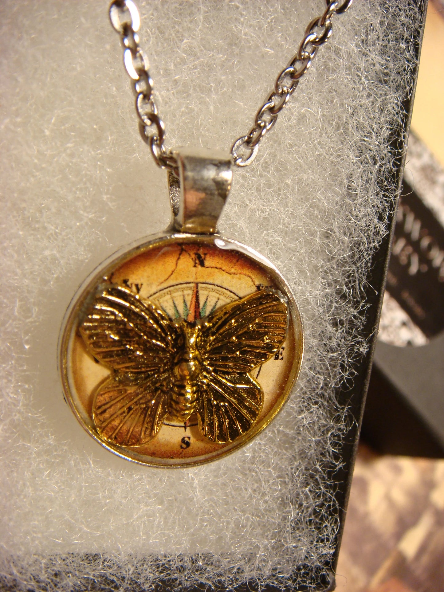 Butterfly over Compass Small Pendant Necklace