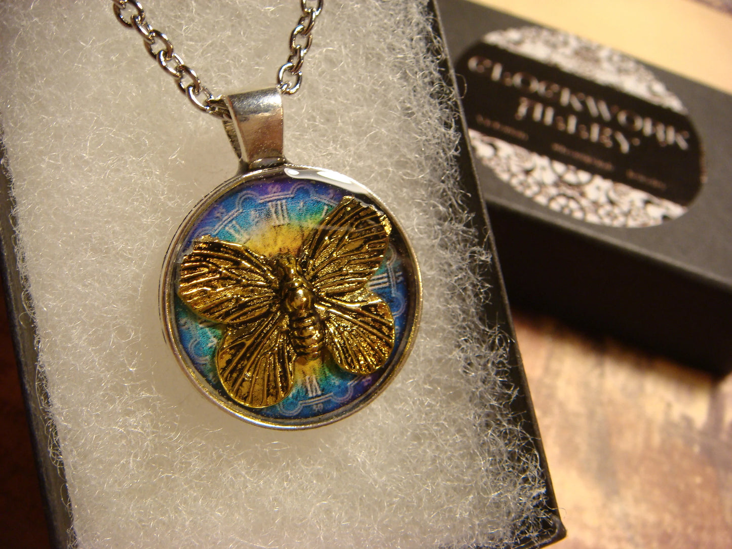 Butterfly over Colorful Clock Small Pendant Necklace