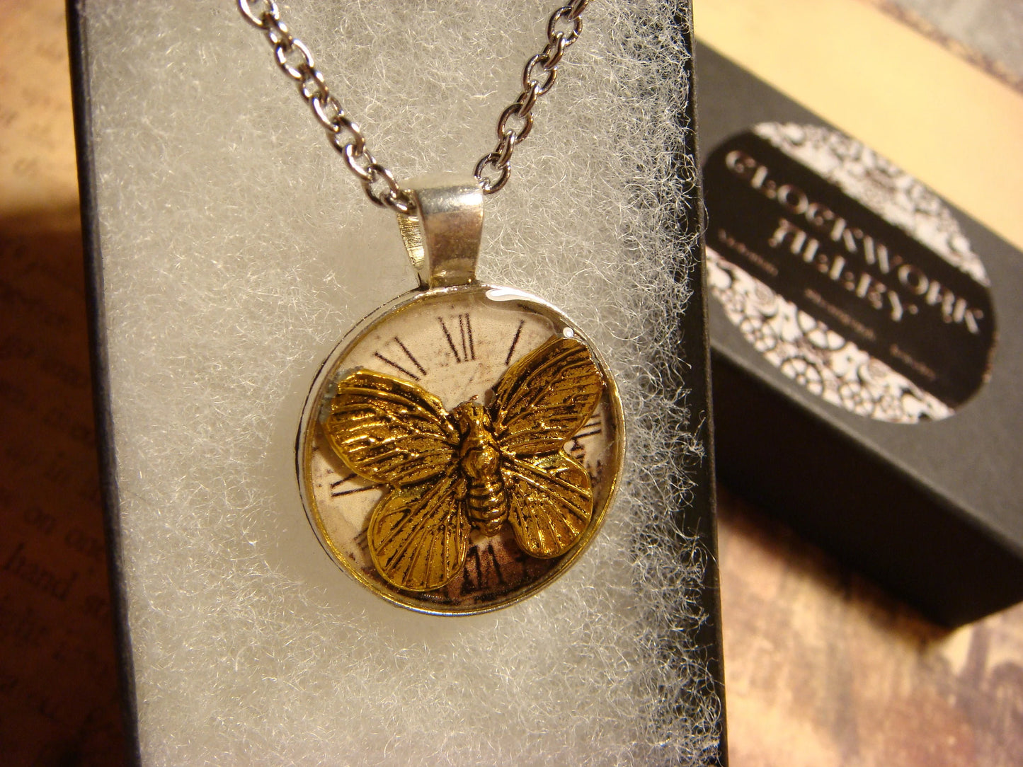 Butterfly over Victorian Clock Small Pendant Necklace