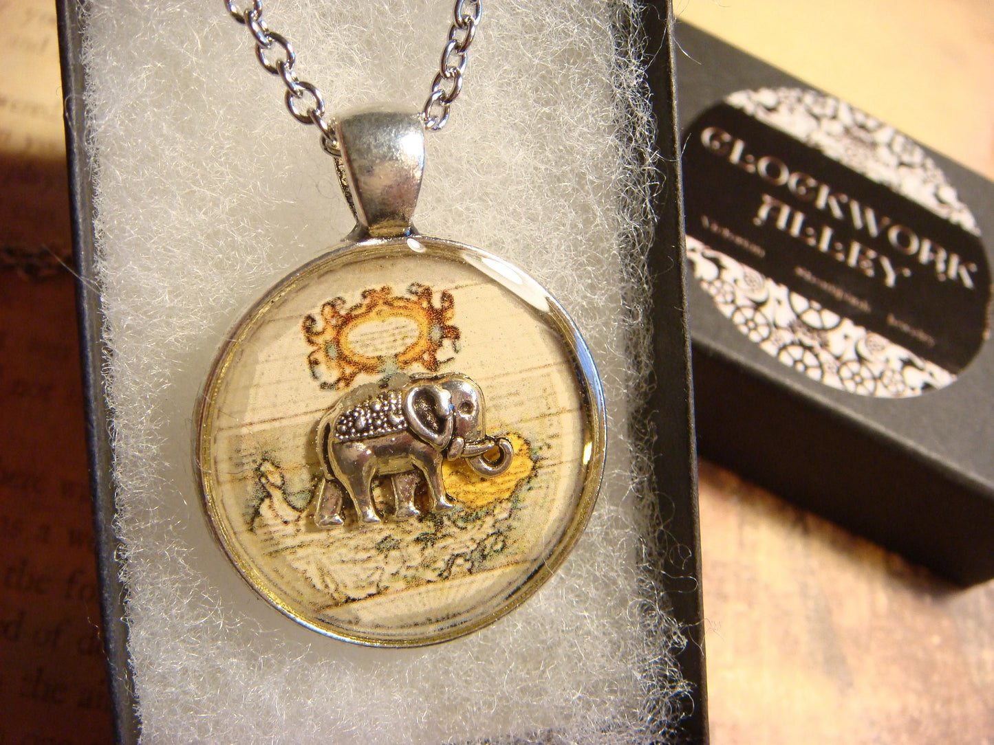 Elephant over Map Pendant Necklace