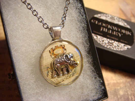 Elephant over Map Small Pendant Necklace