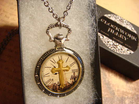 Cross over Victorian Clock Pocket Watch Pendant Necklace