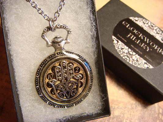 Hamsa over Clock Pocket Watch Pendant Necklace