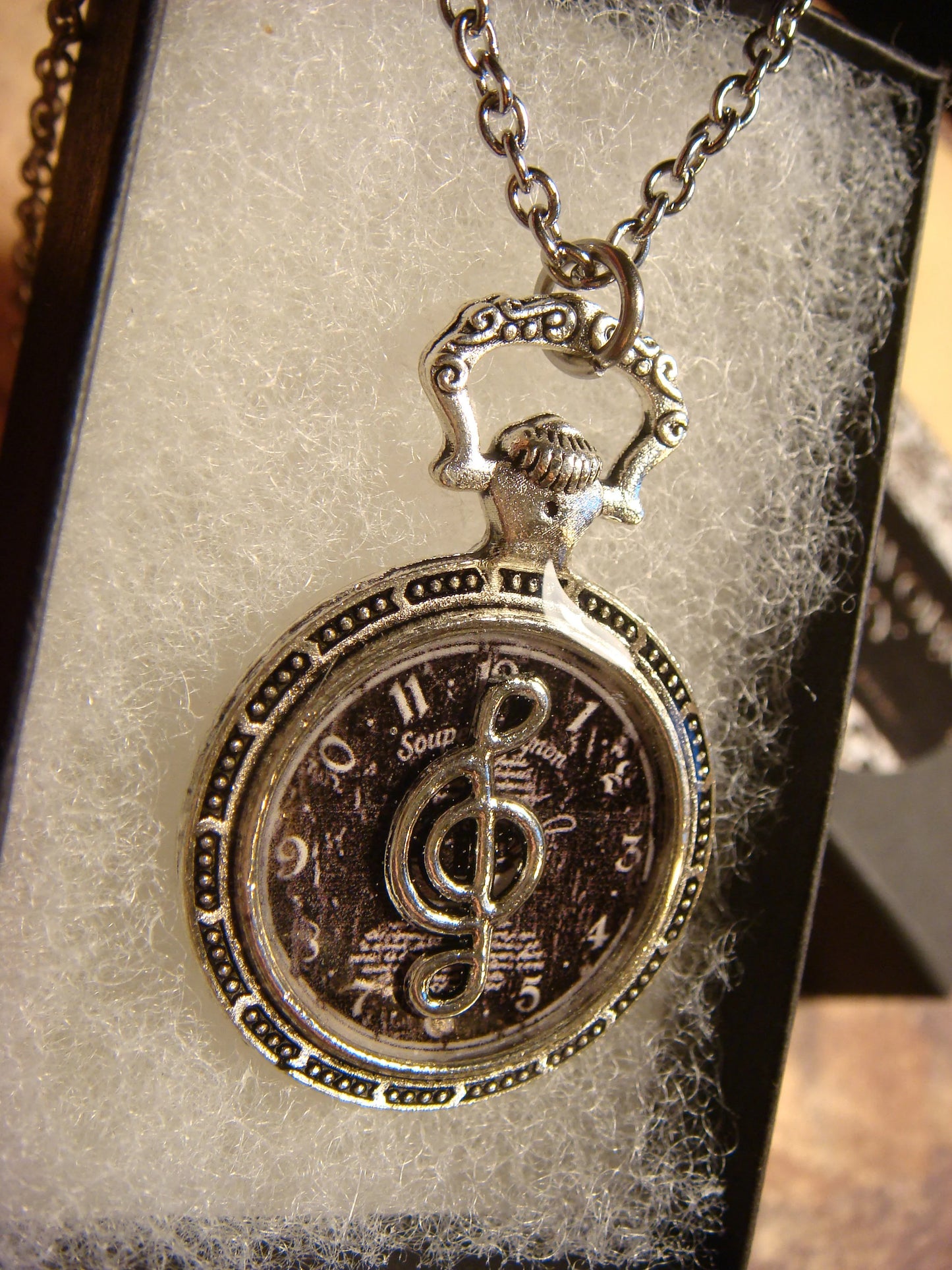 Treble Clef over Clock Pocket Watch Pendant Necklace