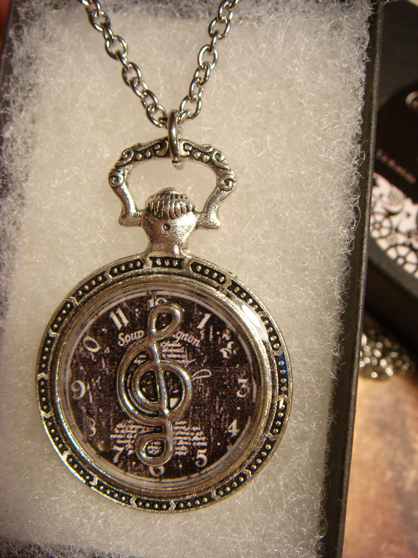 Treble Clef over Clock Pocket Watch Pendant Necklace