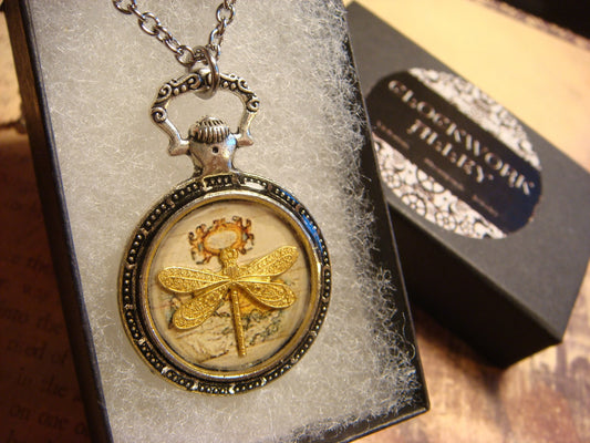 Dragonfly over Map Pocket Watch Pendant Necklace