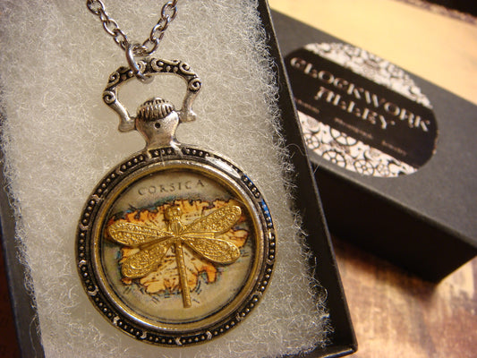 Dragonfly over Map Pocket Watch Pendant Necklace