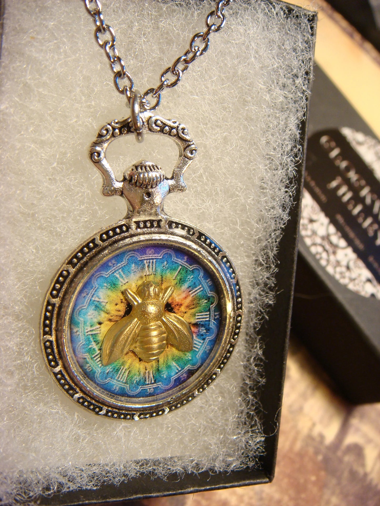 Bee over Colorful Clock Pocket Watch Pendant Necklace