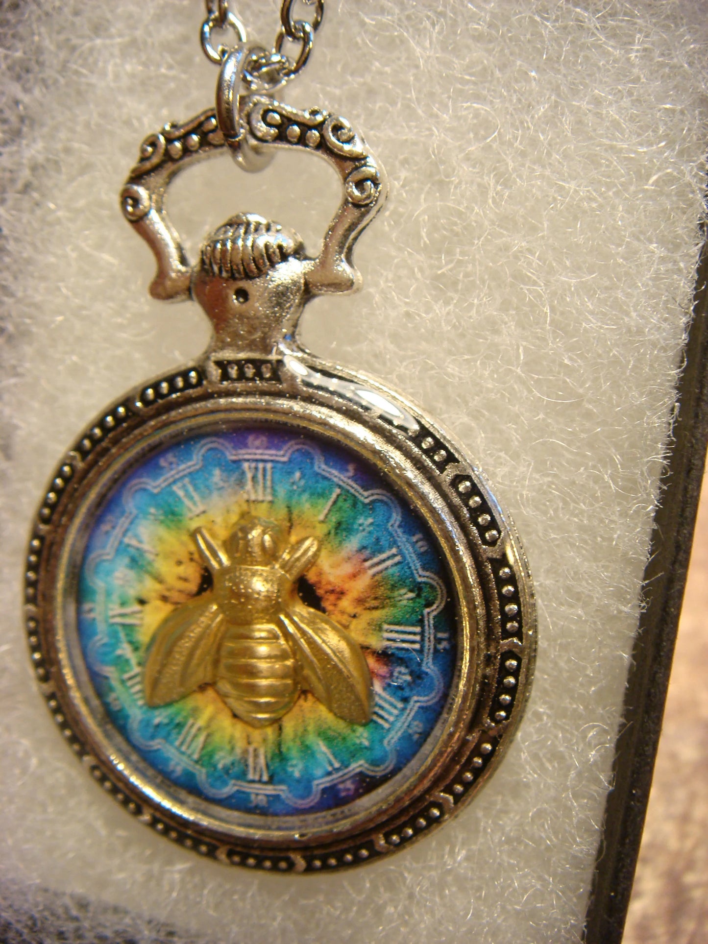 Bee over Colorful Clock Pocket Watch Pendant Necklace