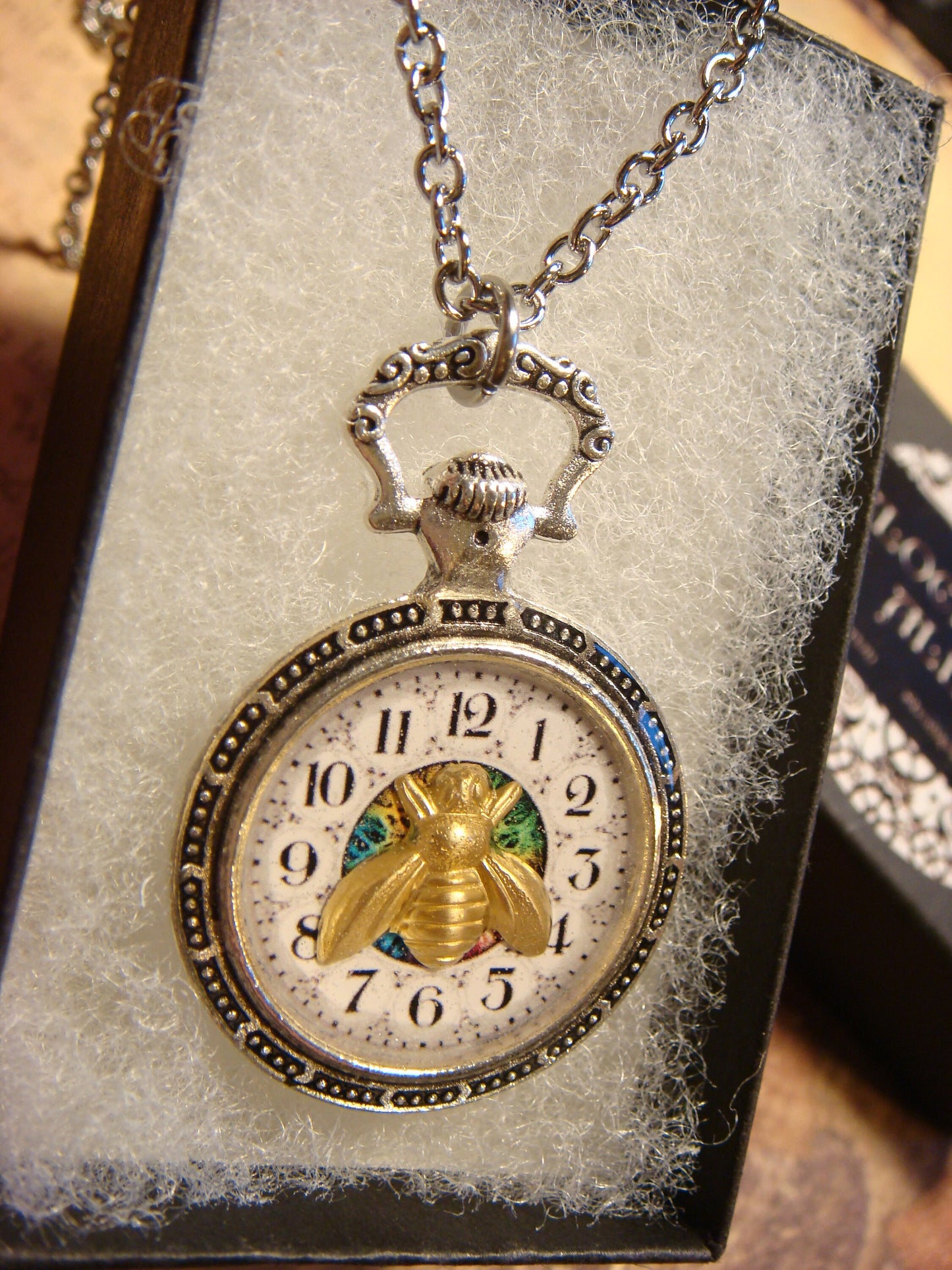 Bee over Clock Pocket Watch Pendant Necklace