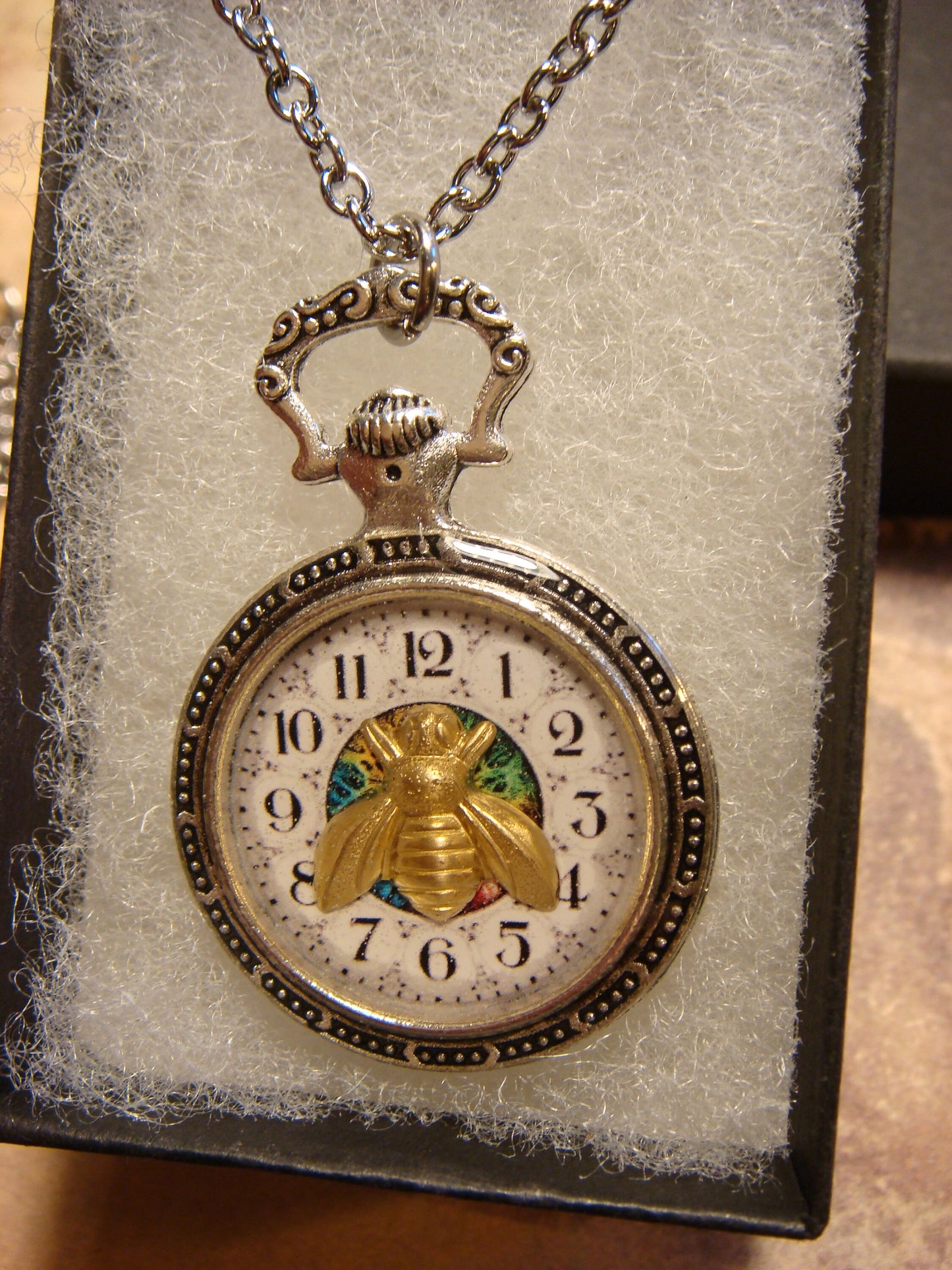 Bee over Clock Pocket Watch Pendant Necklace