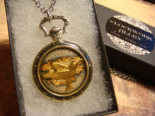 Hummingbird over Map Pocket Watch Pendant Necklace