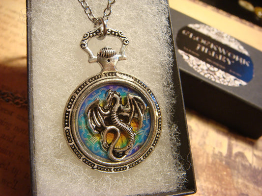 Dragon over Colorful Clock Pocket Watch Pendant Necklace