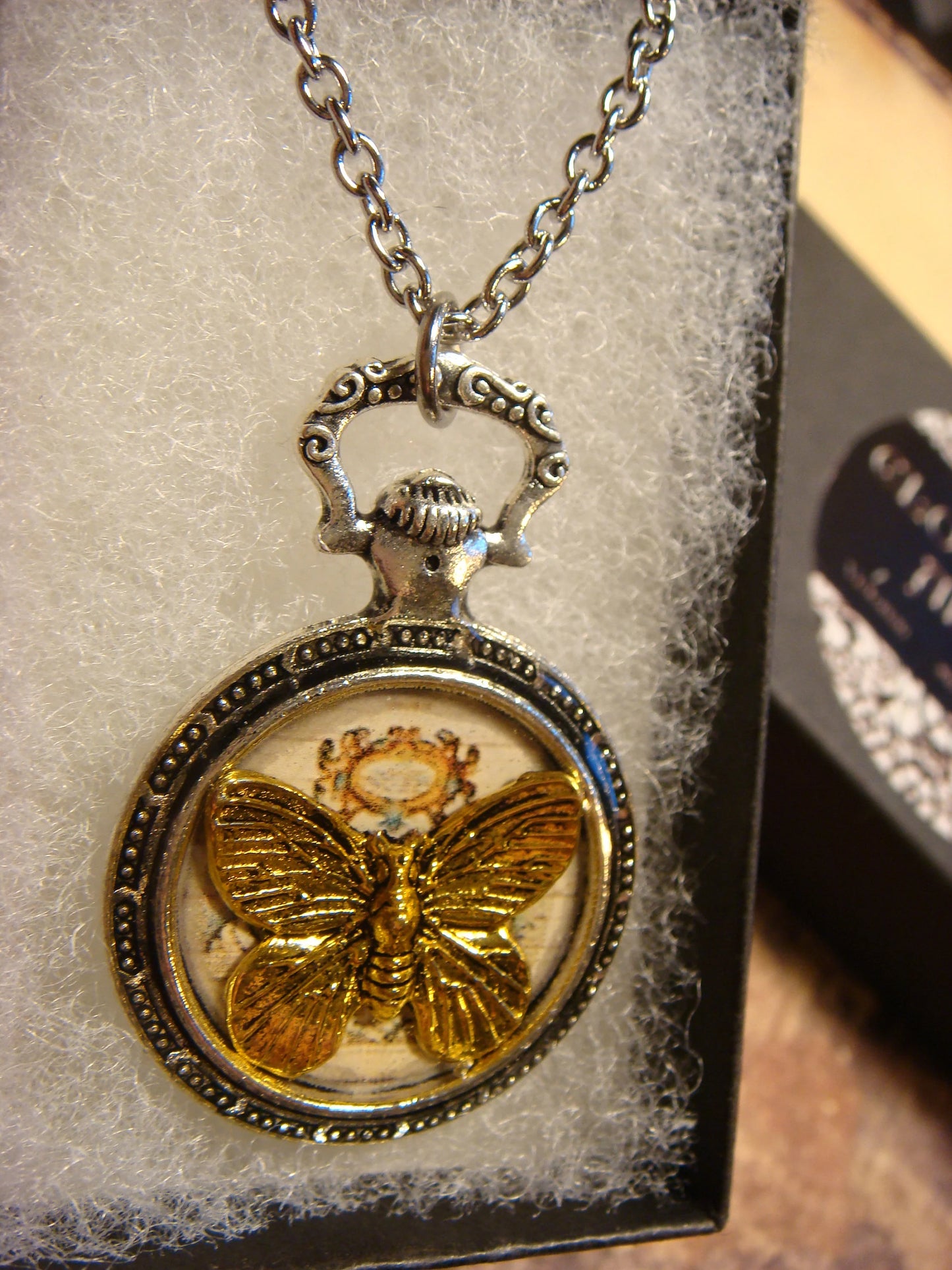 Butterfly over Map Pocket Watch Pendant Necklace