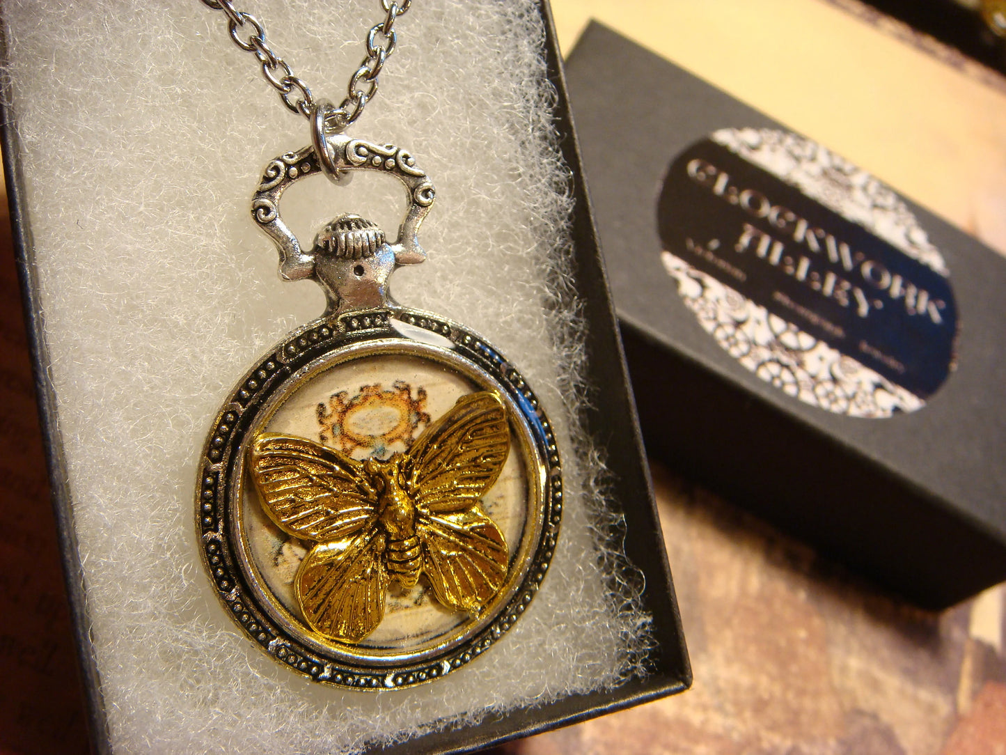 Butterfly over Map Pocket Watch Pendant Necklace