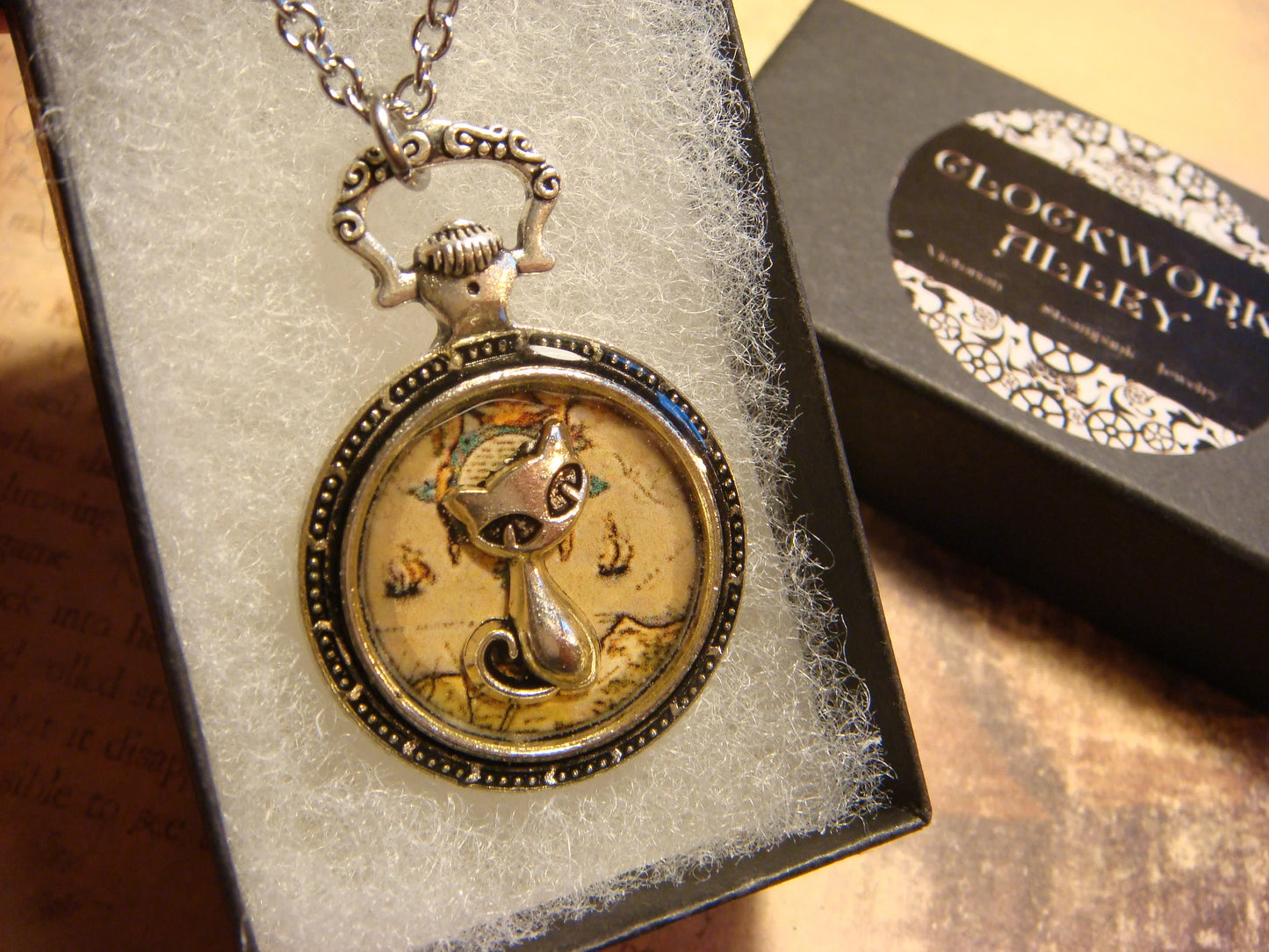 Cat over Map Pocket Watch Pendant Necklace