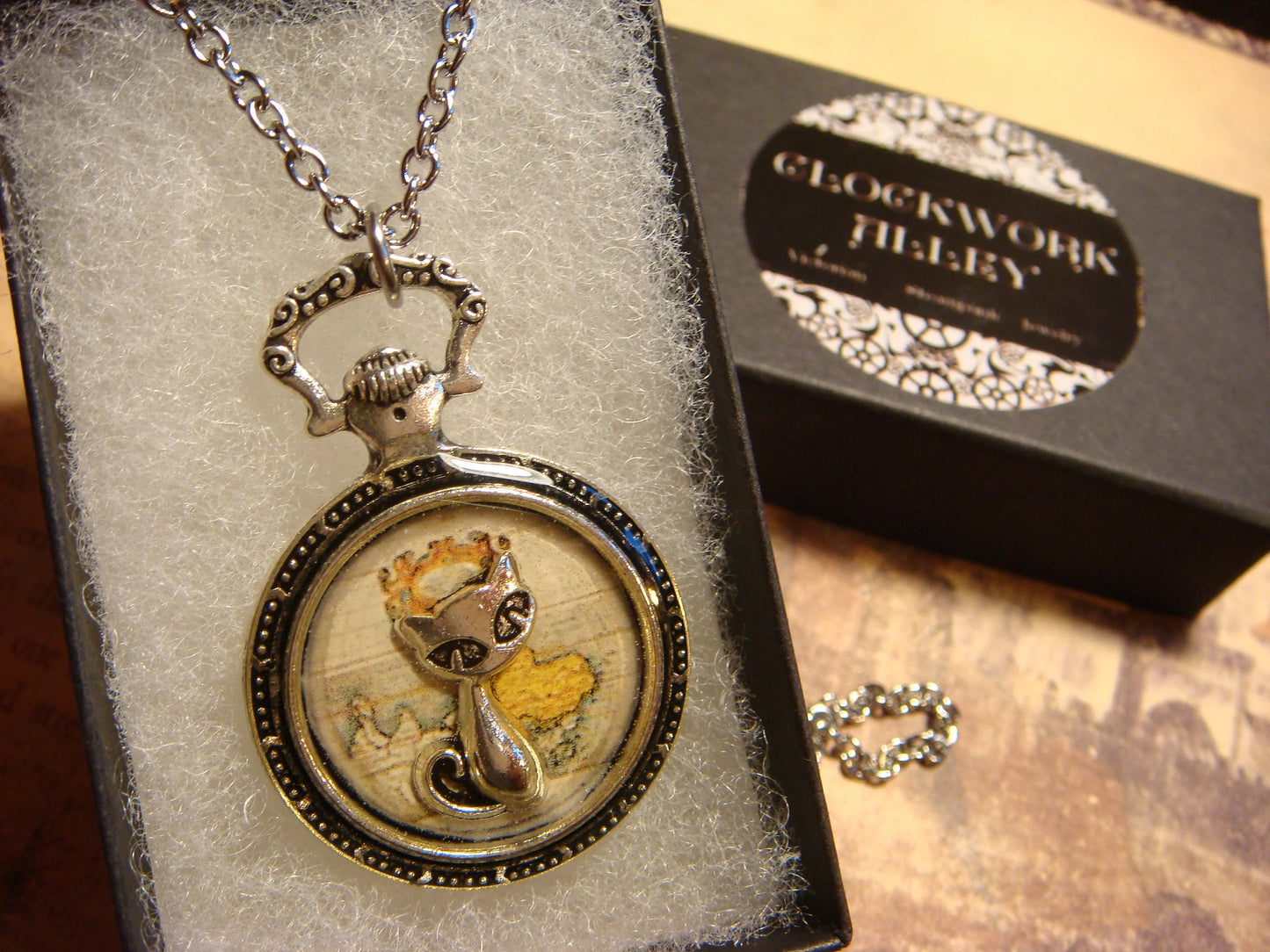 Cat over Map Pocket Watch Pendant Necklace