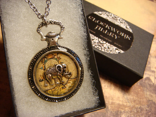 Elephant over Map Pocket Watch Pendant Necklace