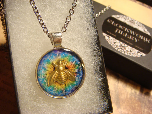 Bee over Colorful Clock Small Pendant Necklace