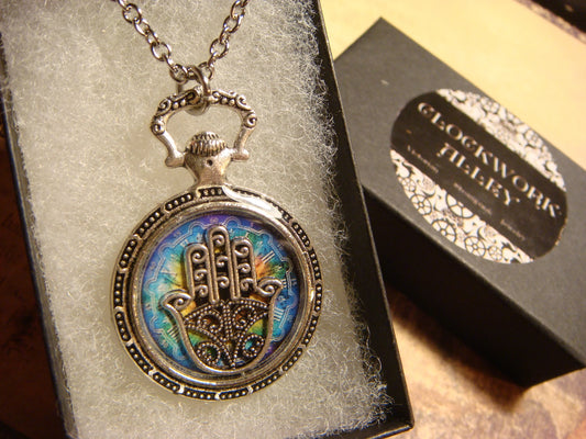 Hamsa over Colorful Clock Pocket Watch Pendant Necklace