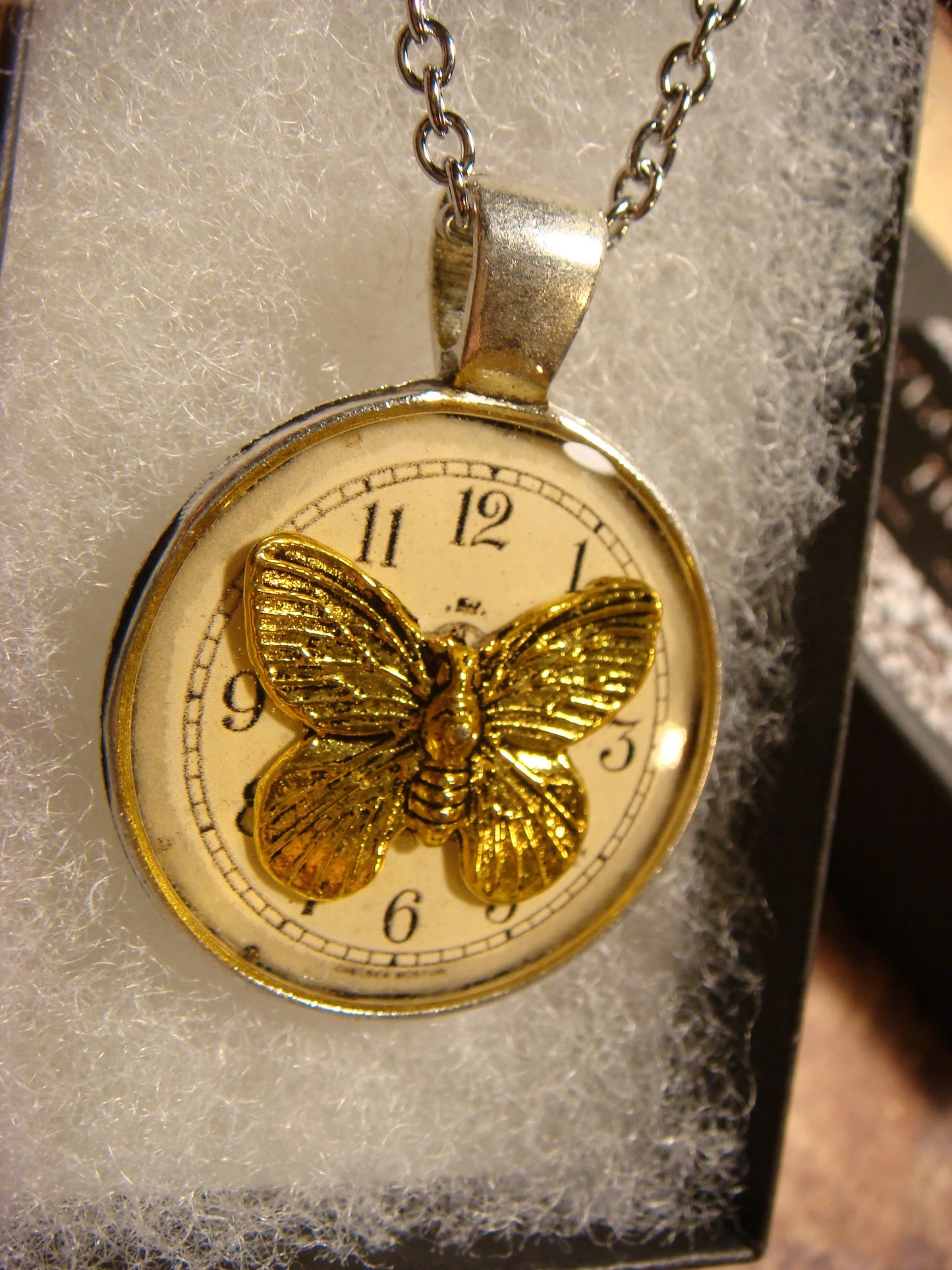 Butterfly over Clock Pendant Necklace