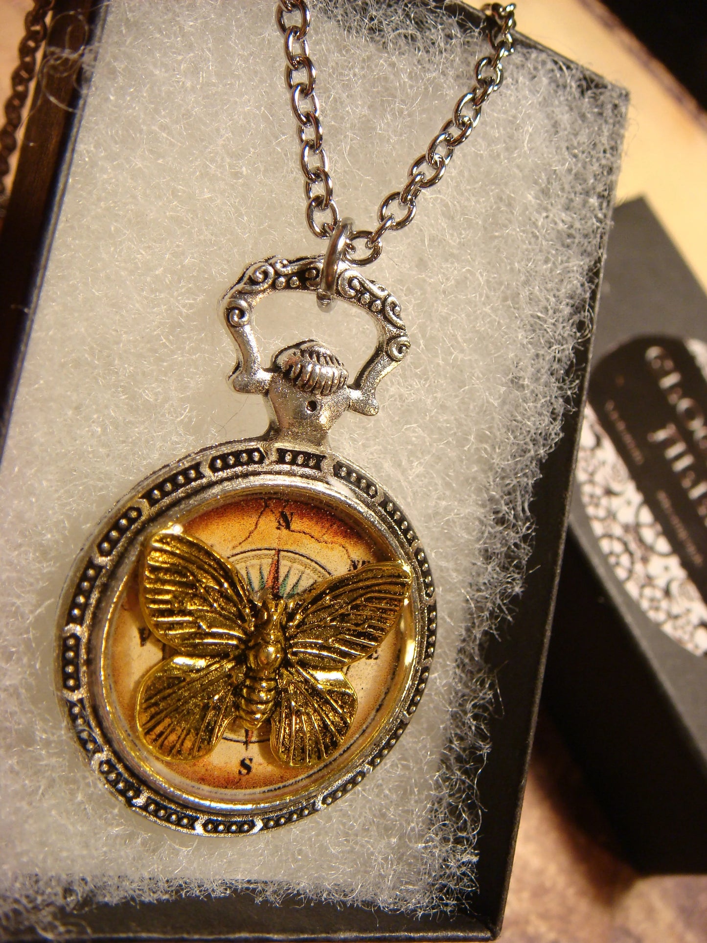 Butterfly over Compass Pocket Watch Pendant Necklace