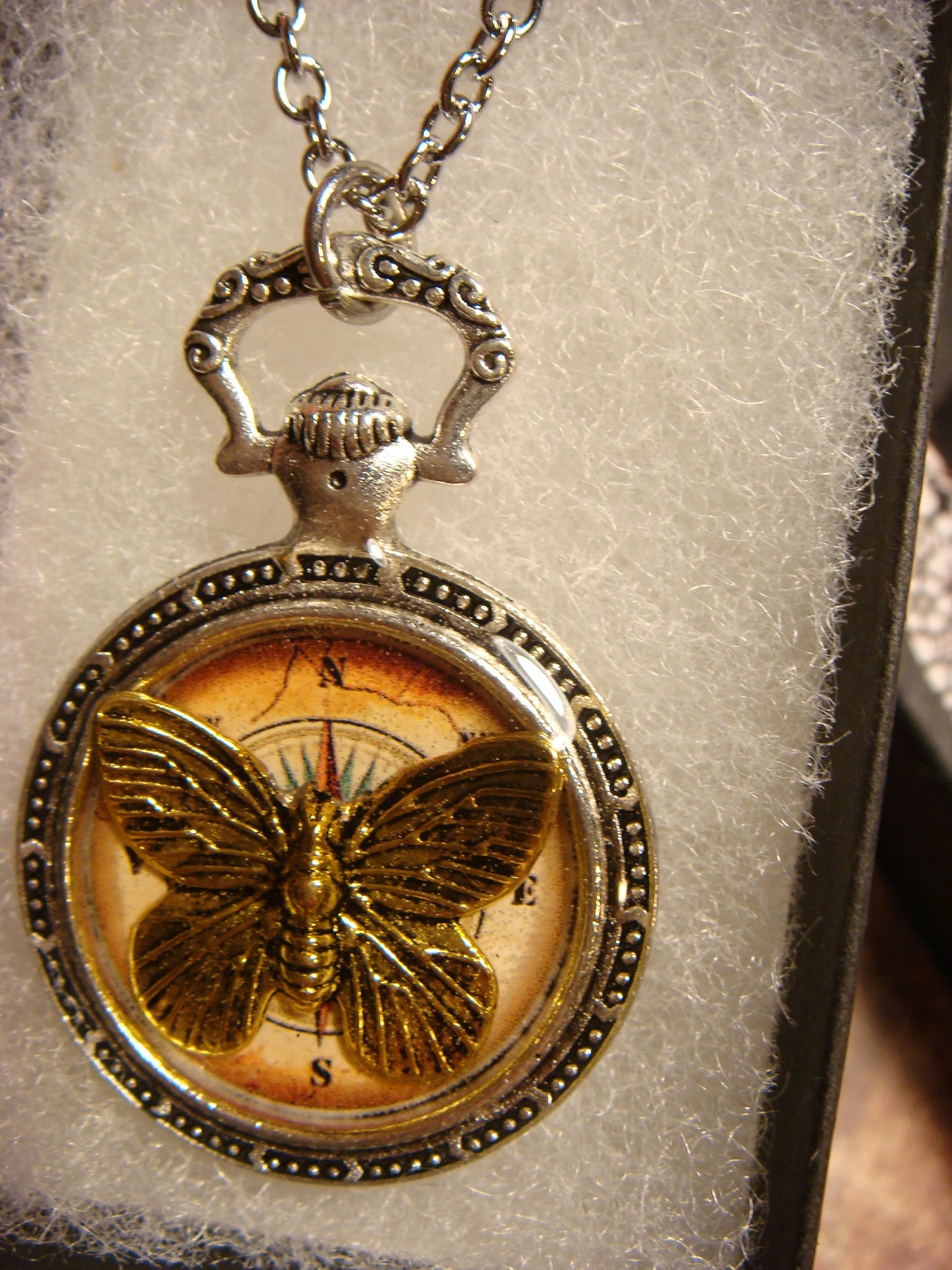 Butterfly over Compass Pocket Watch Pendant Necklace